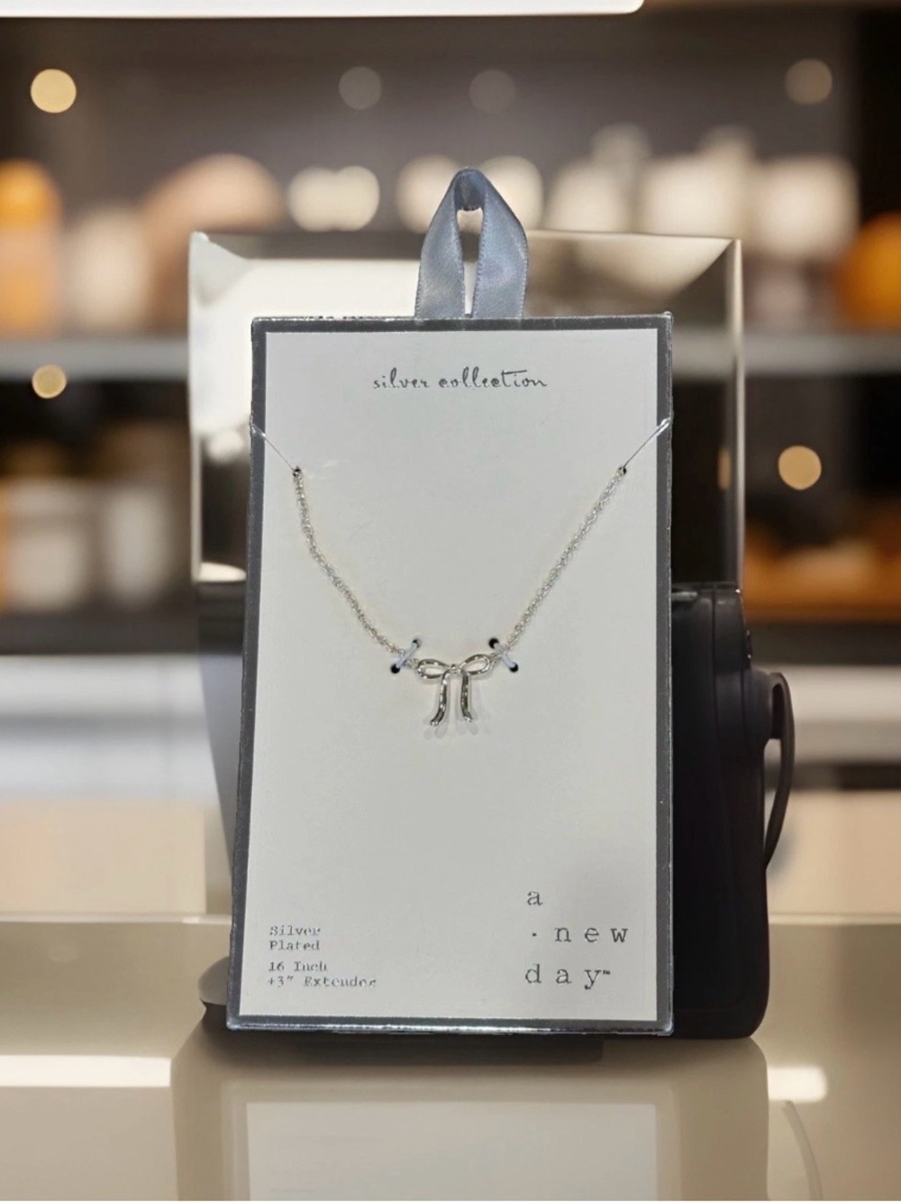 A New Day Bow Necklace Silver Plated Collection 16” 3” Extender NWT